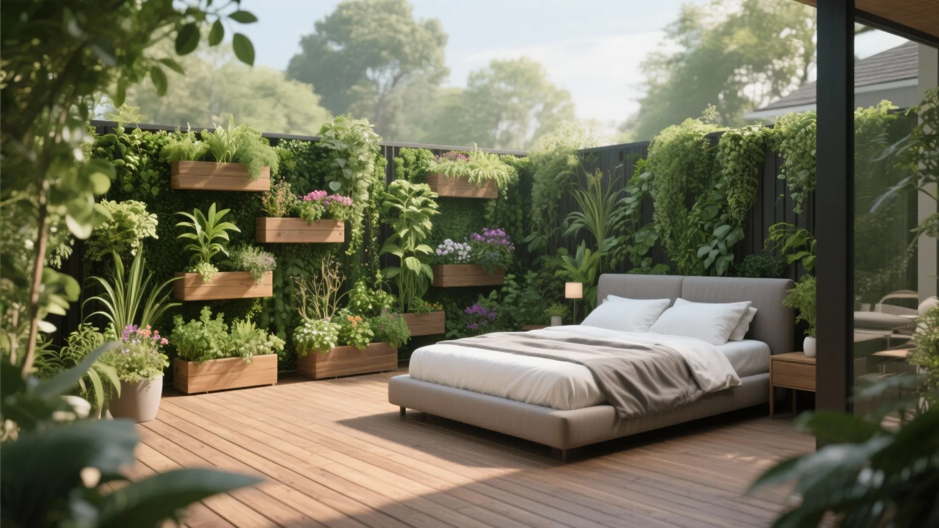 Vertical garden privacy wall on a master bedroom deck