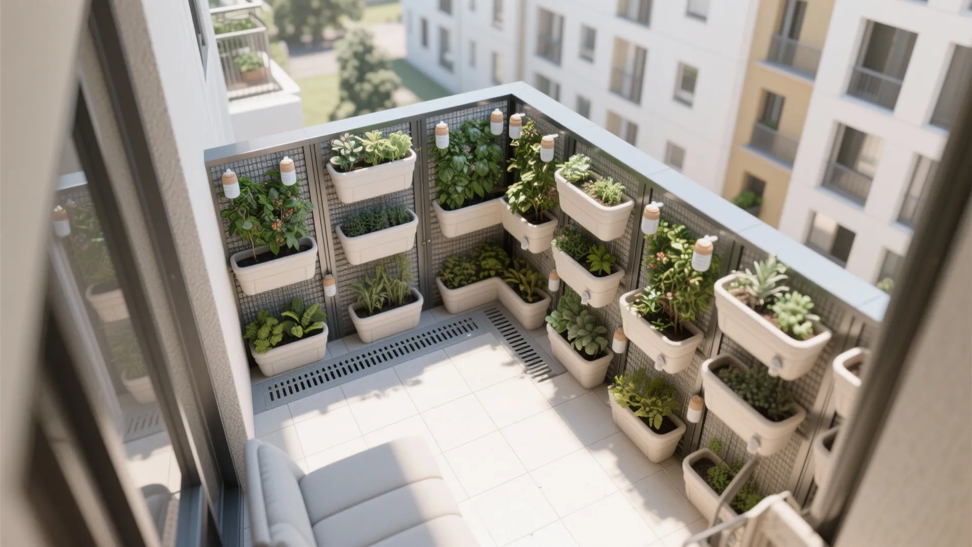 Vertical garden on balcony with white planters on metal fence white floor tiles and grey sofa
