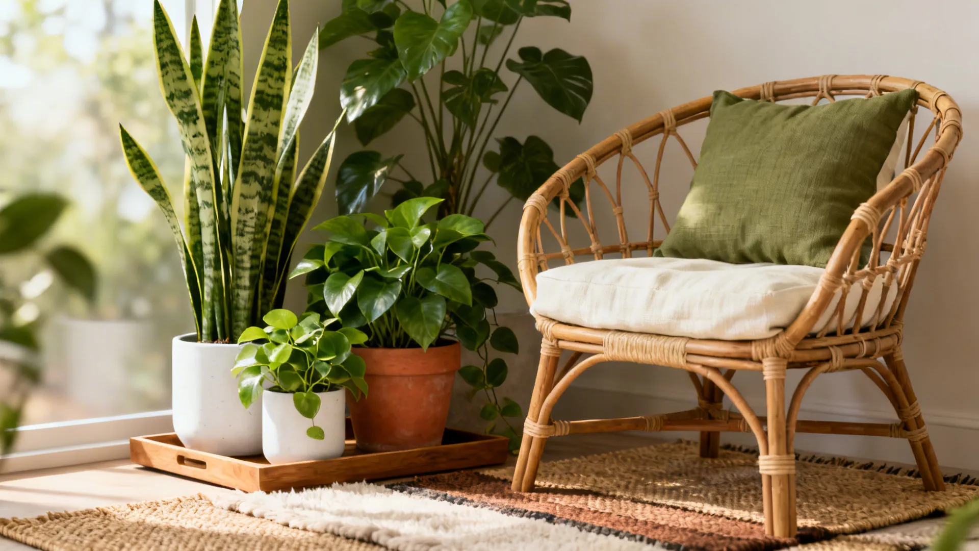 Green corner with tall plants, a rattan chair and layered rugs under soft daylight.