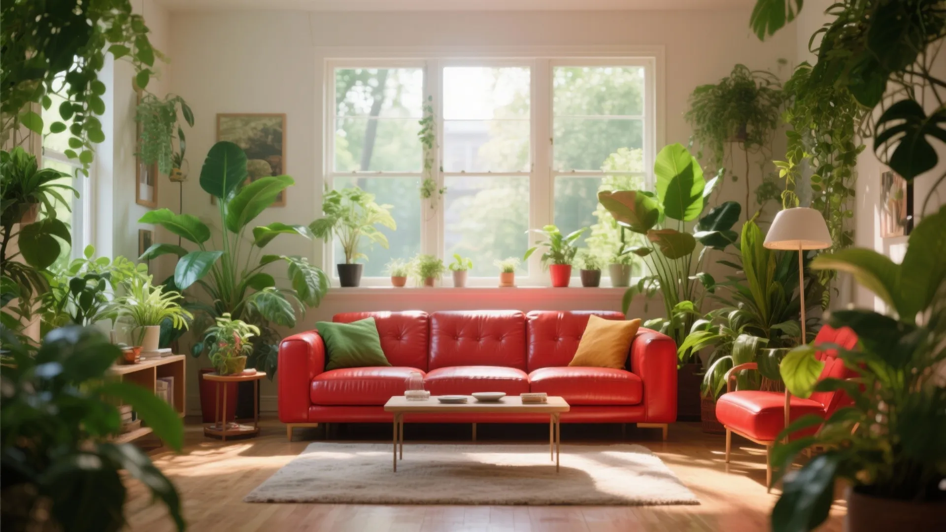 Red sofa surrounded by lush green indoor plants