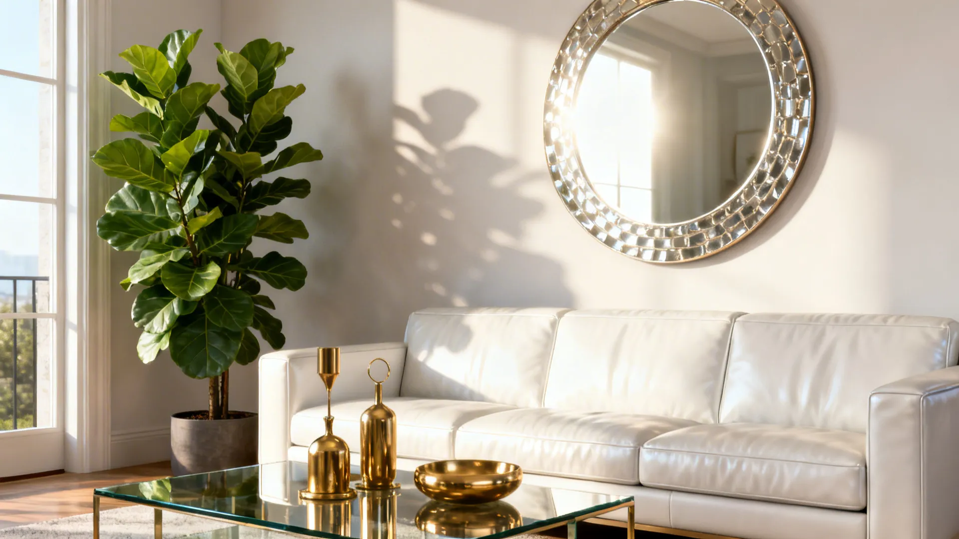 White leather sofa with a fiddle leaf fig and a round mirror reflecting light.