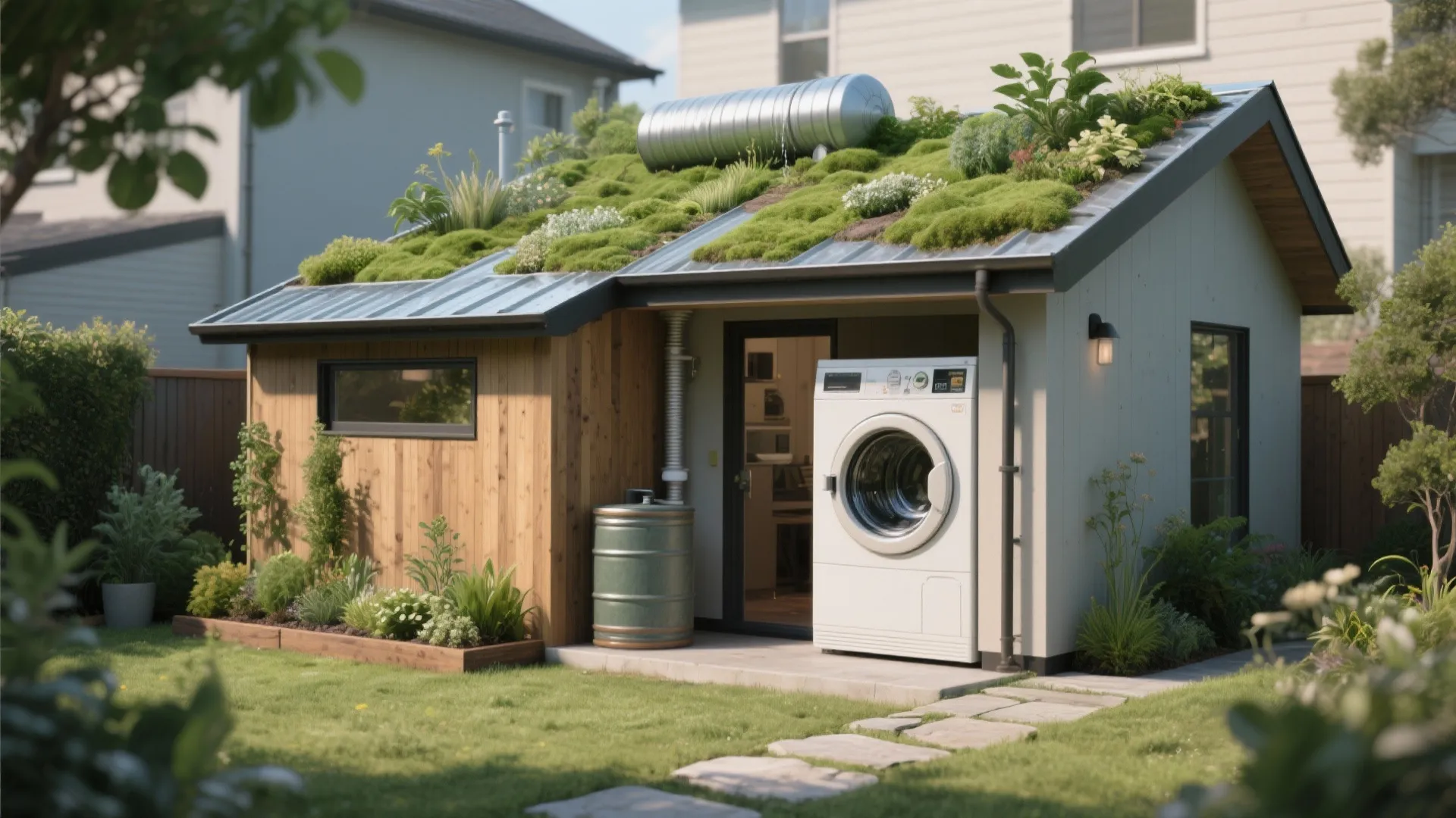 Small backyard garden house with green plant roof featuring washing machine and outdoor water barrel storage