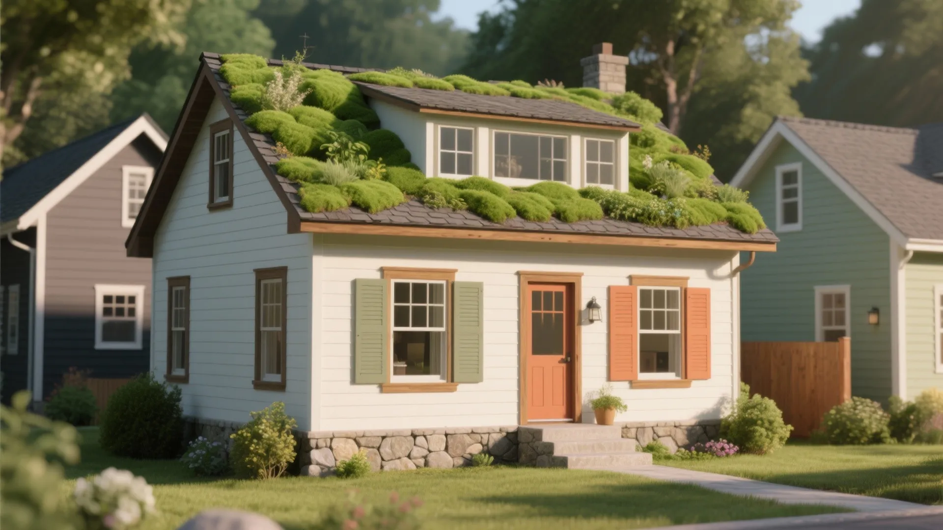 White small house with green and orange shutters and a mossy roof in a neighborhood