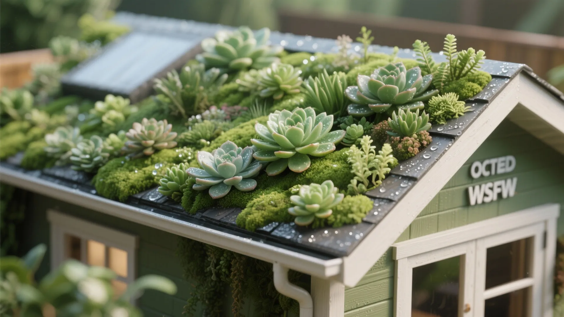 Small green garden shed with a roof covered in many green succulents and soft moss