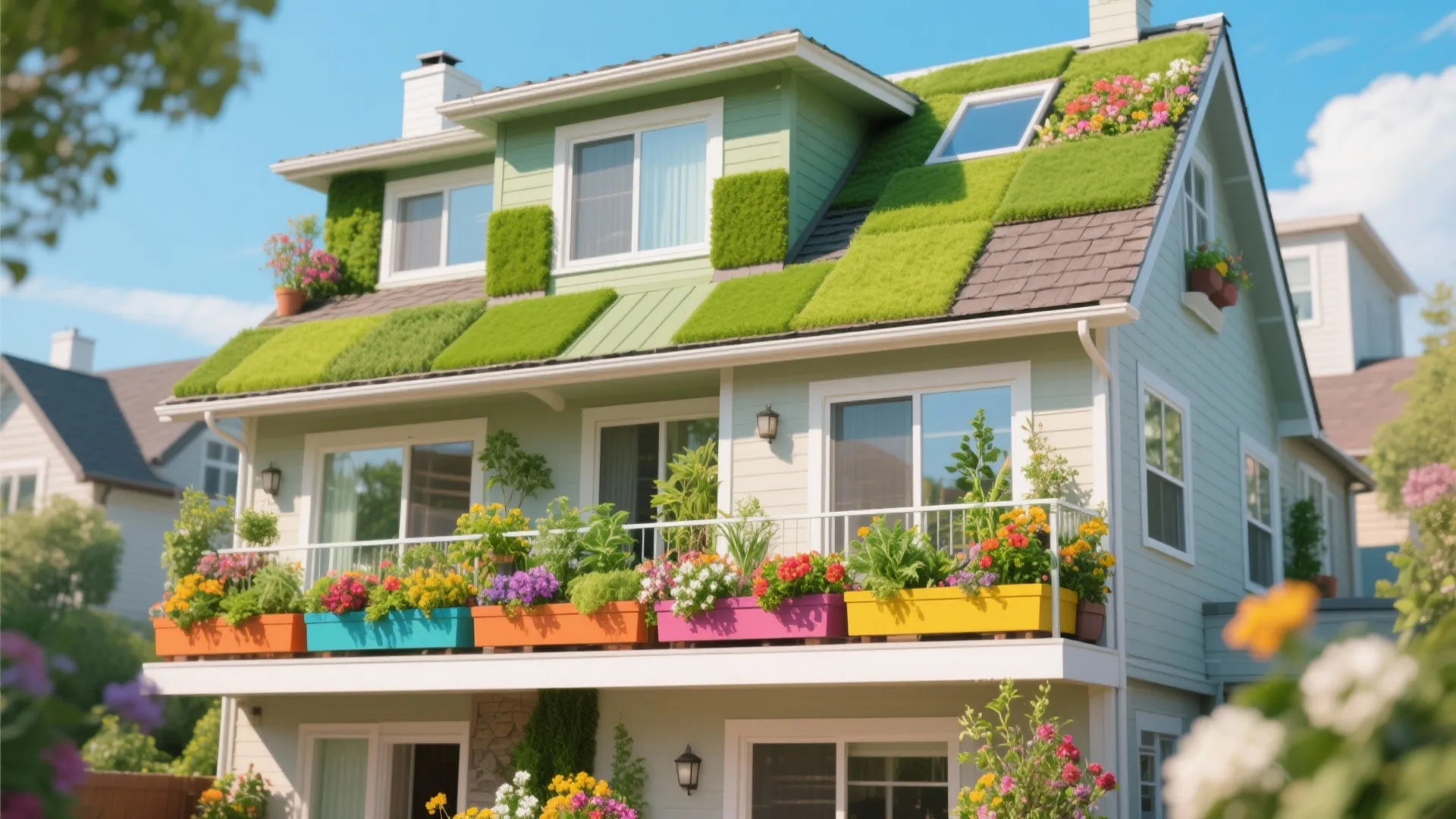 Green roof and colorful planters on tri-level home