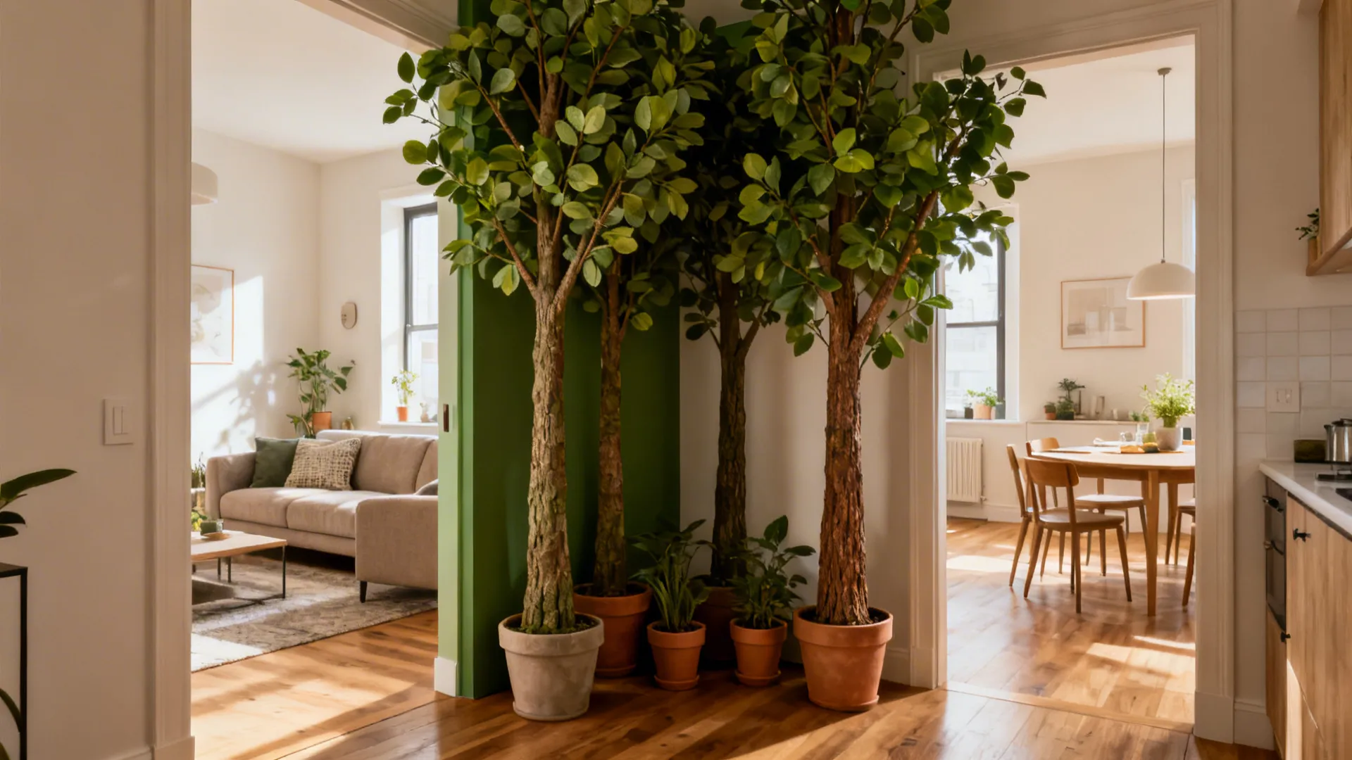 Tall artificial trees used as soft room dividers in an open-plan small apartment.
