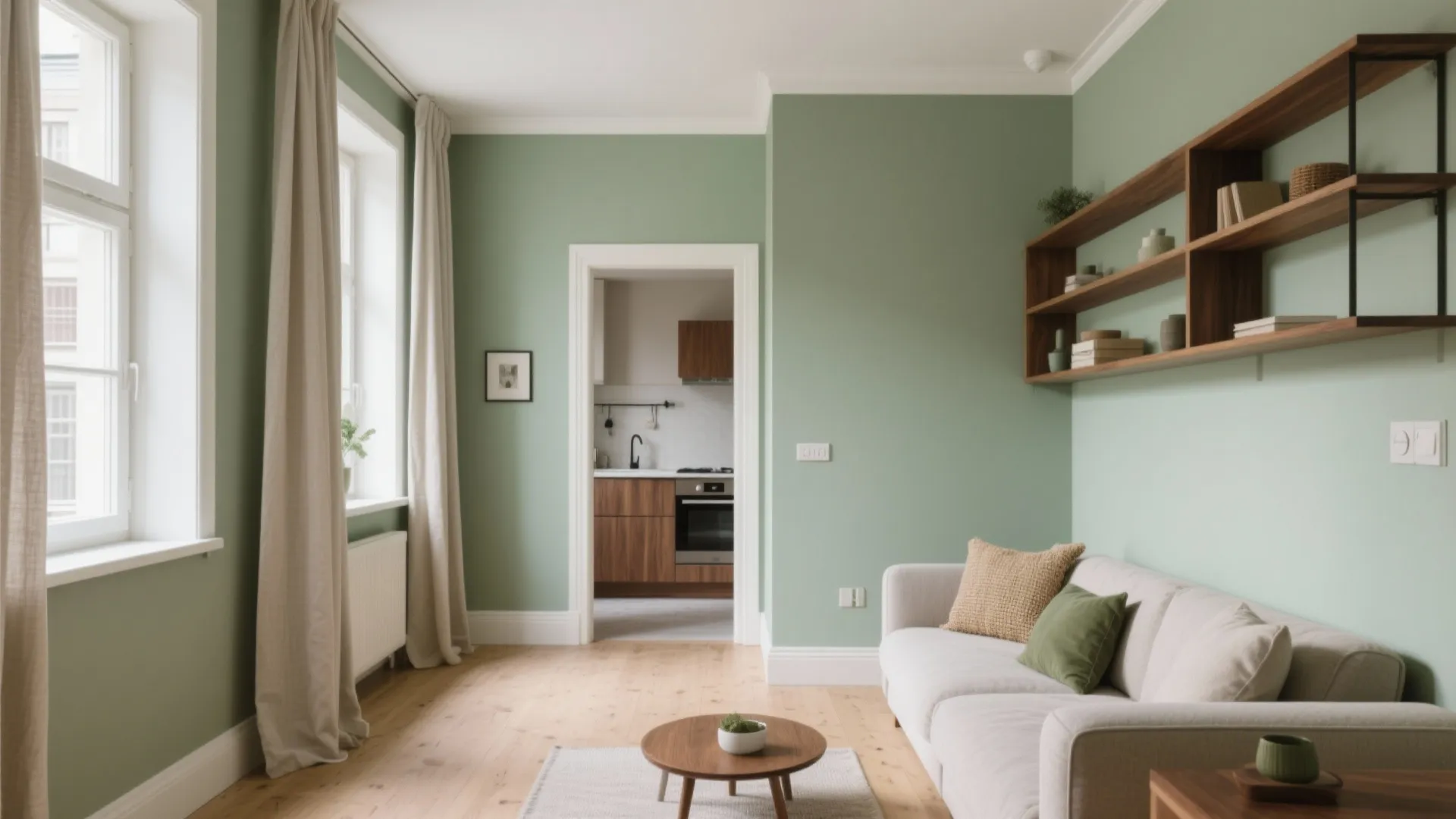 Modern living room with green walls white sofa wooden shelves and view into the kitchen