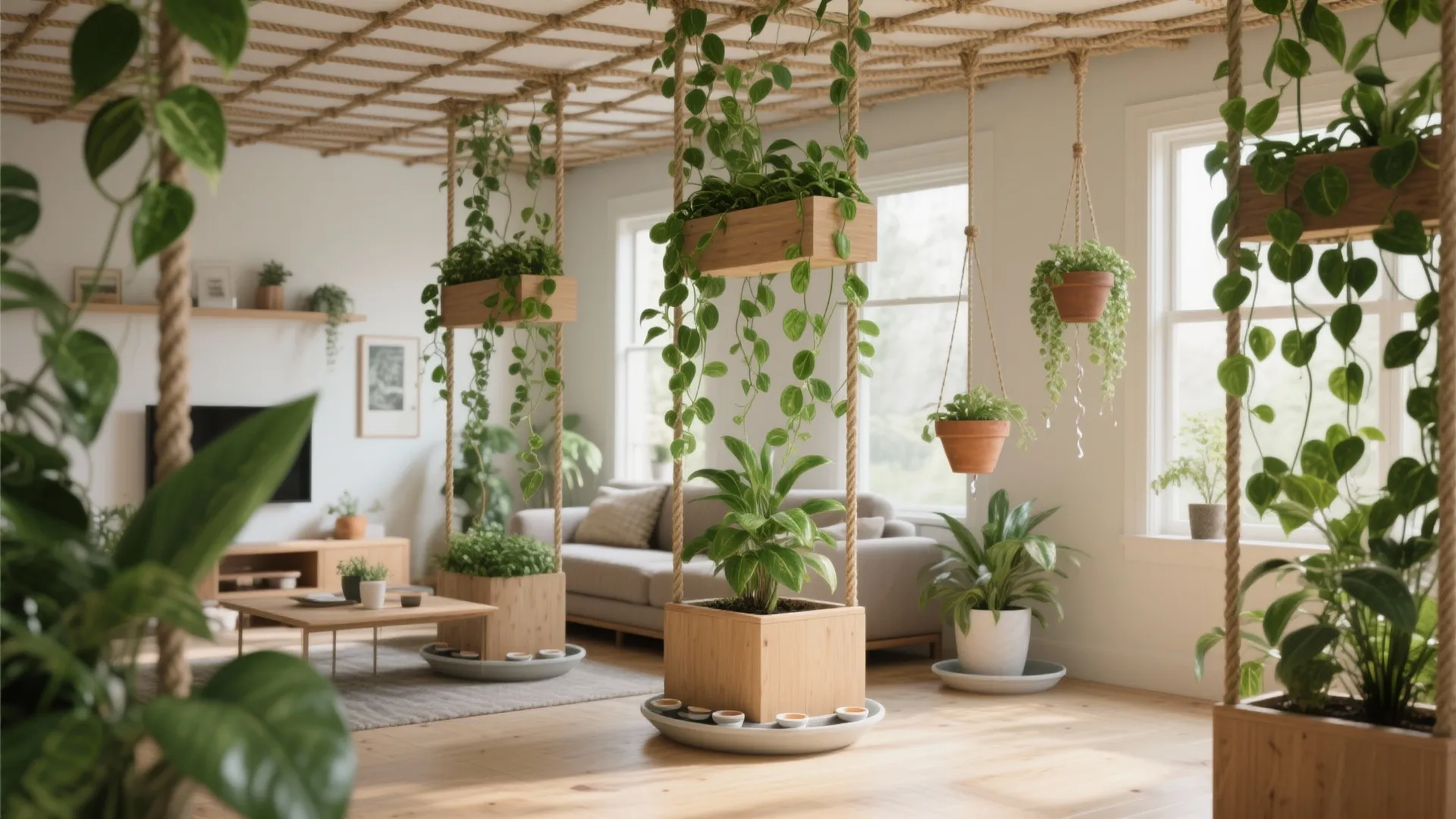 Green partitions with planters, trellises, and rope grids