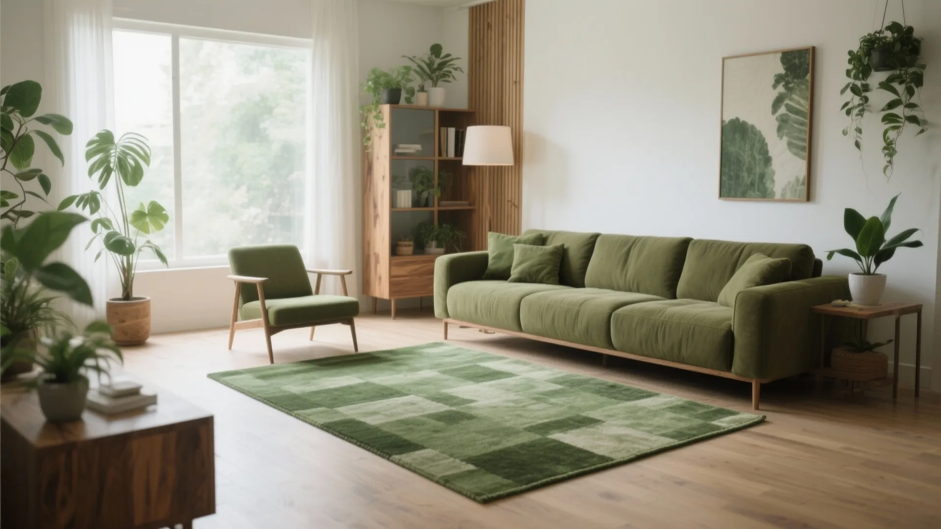 Modern living room featuring green sofa checkered green rug indoor plants and a wooden bookshelf