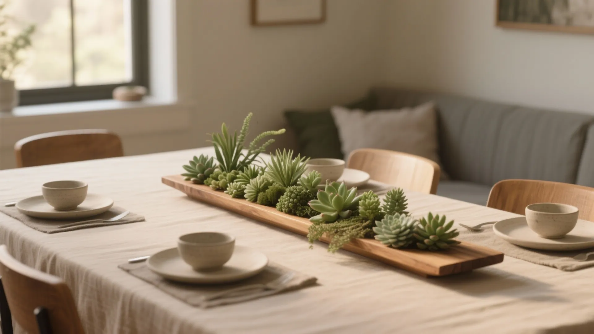 Wooden table runner with small green plants and succulents placed on a beige tablecloth setting