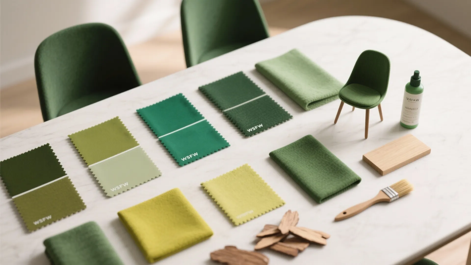 Green color fabric samples and paint swatches on a white table with small chair model
