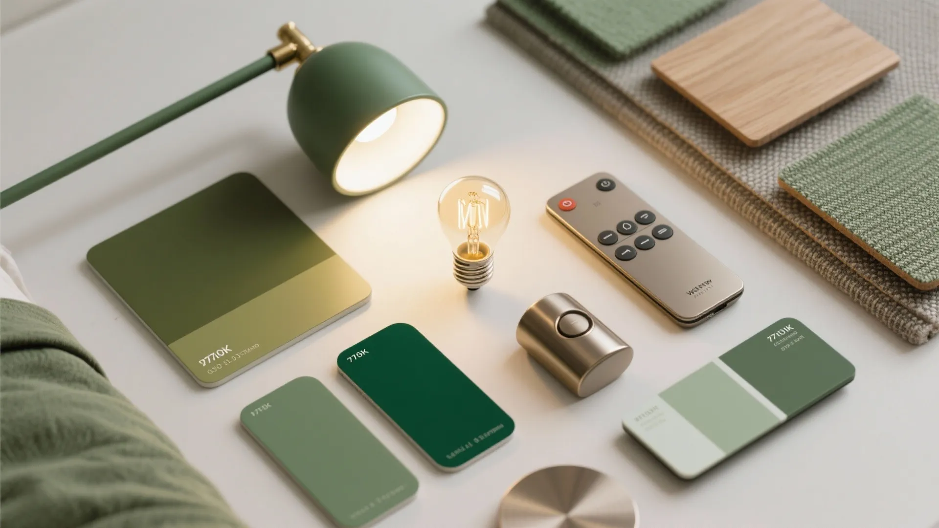 Green color palette material board with light bulb remote control fabric swatches and wood sample