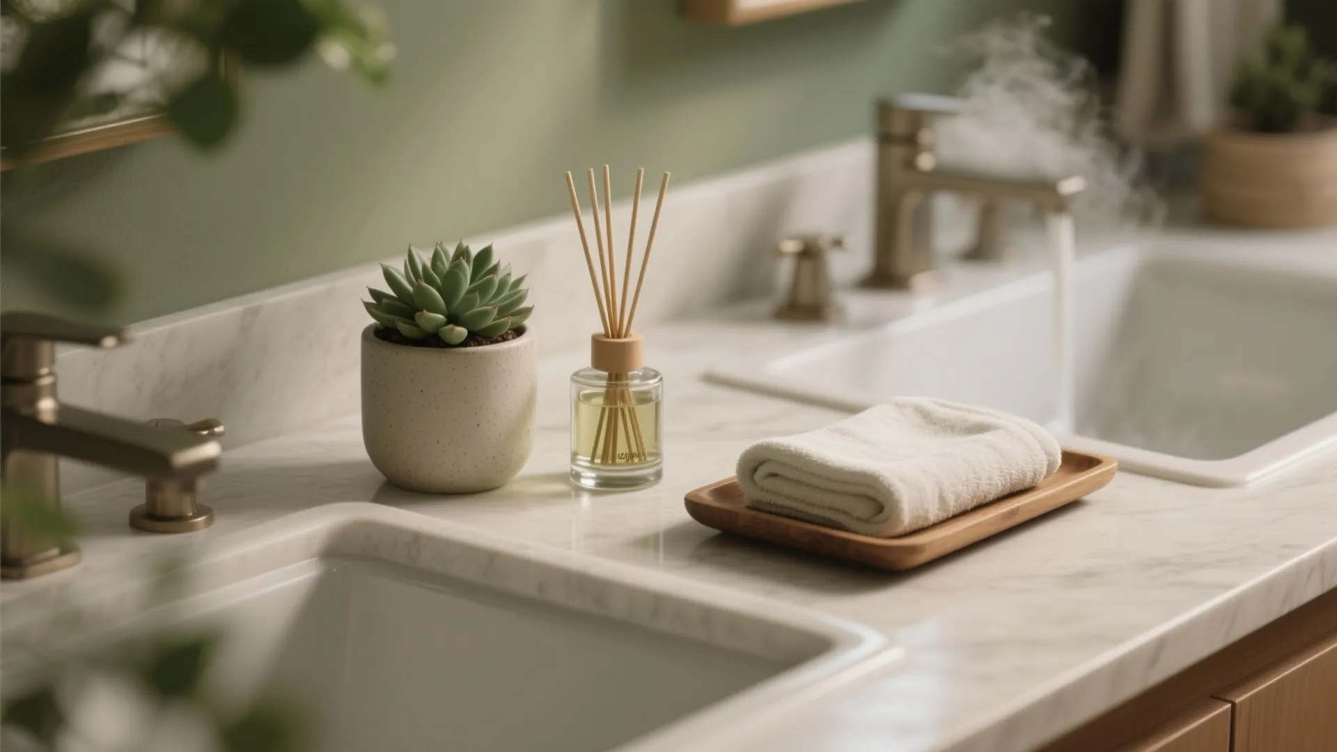 Marble bathroom counter with small potted plant oil reed diffuser white towel and gold faucet