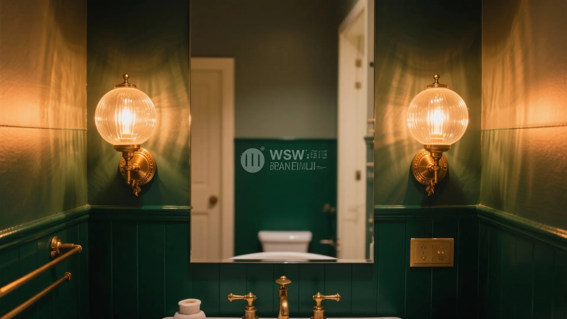 Dark green bathroom with gold wall lights mirror sink and classic vintage interior design style