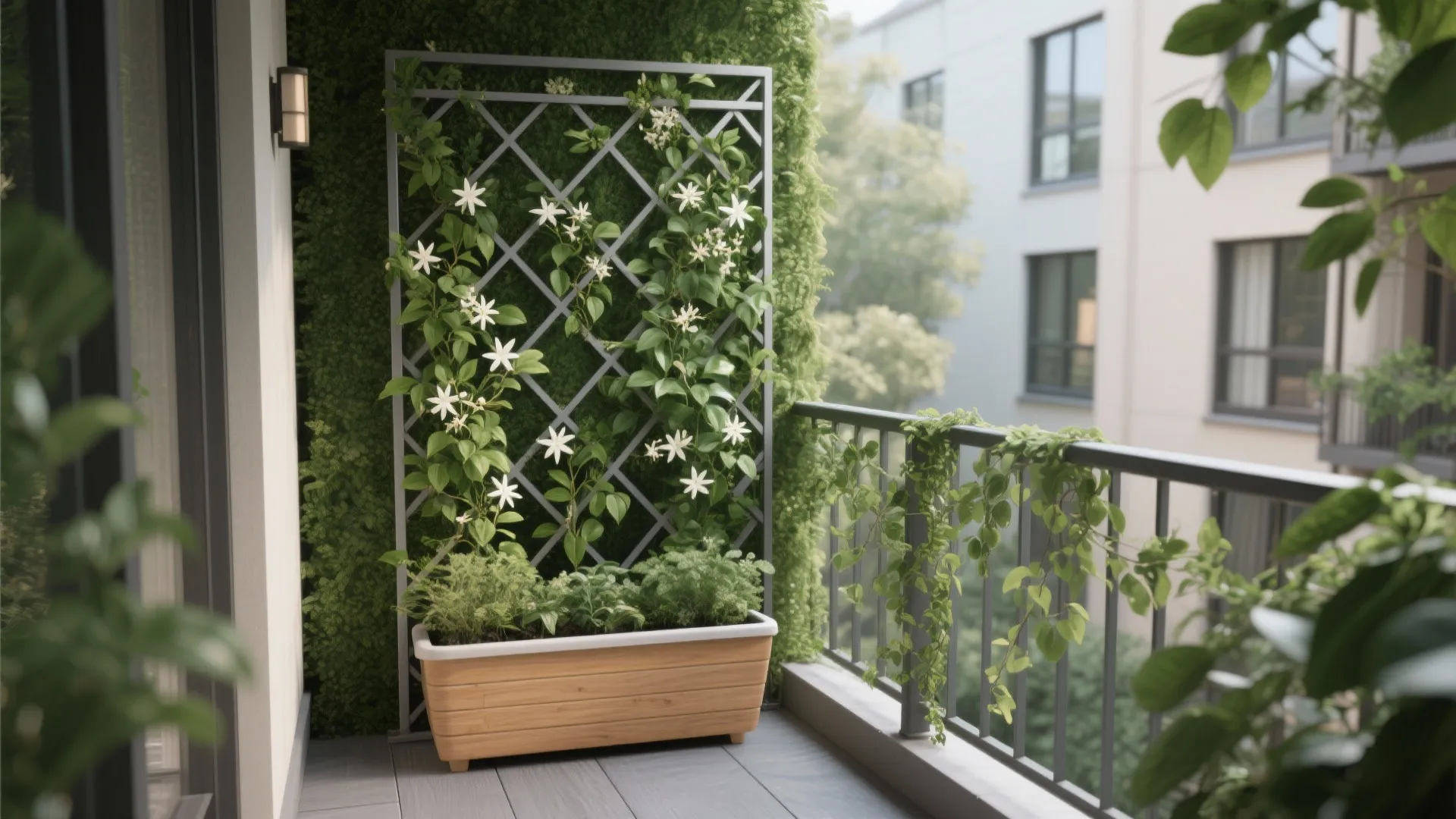 Freestanding trellis with climbing plants forming a green privacy wall on a small balcony.