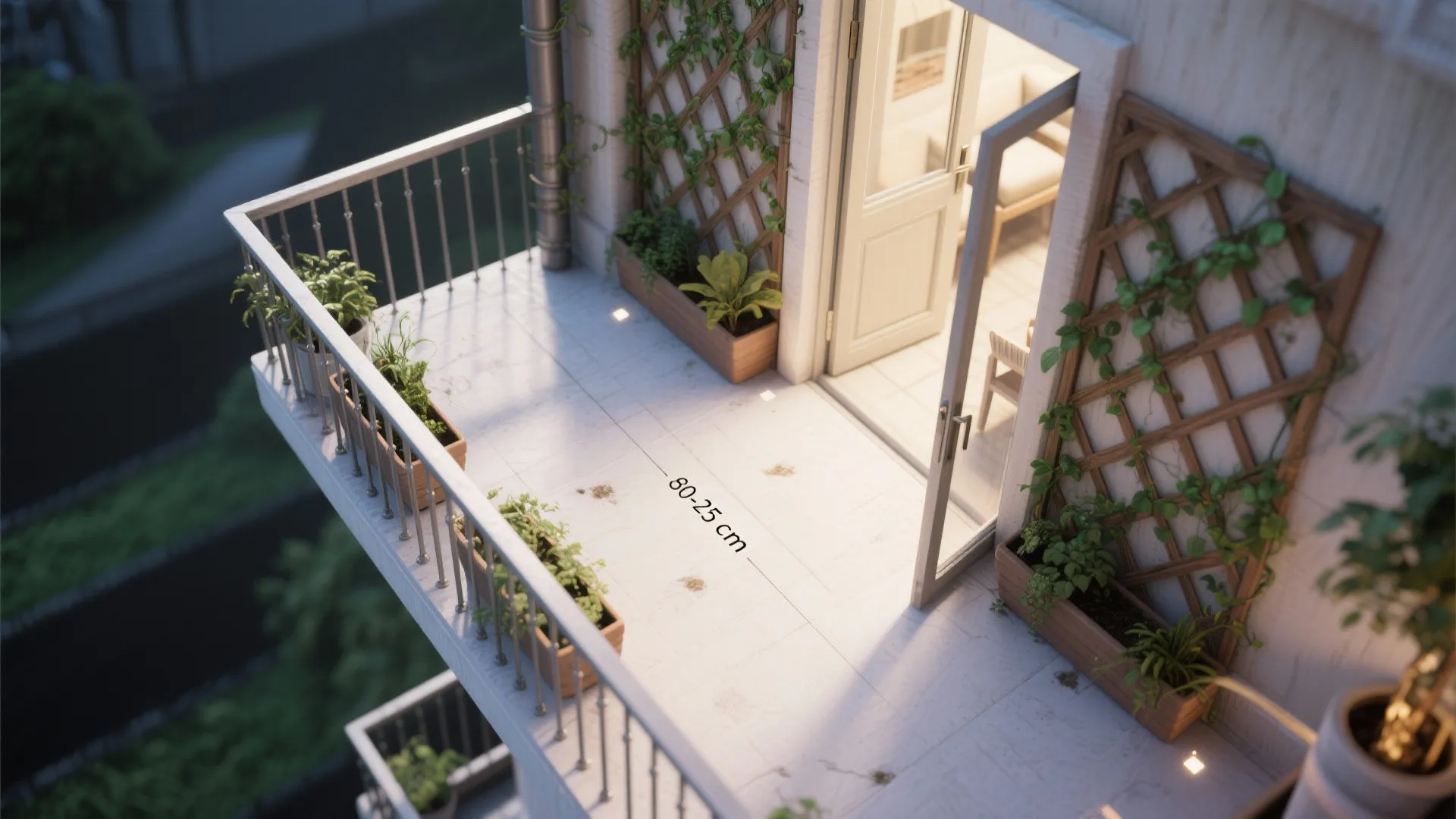 Top-down plan showing trellis placement, rail planters, and a clear seating path.