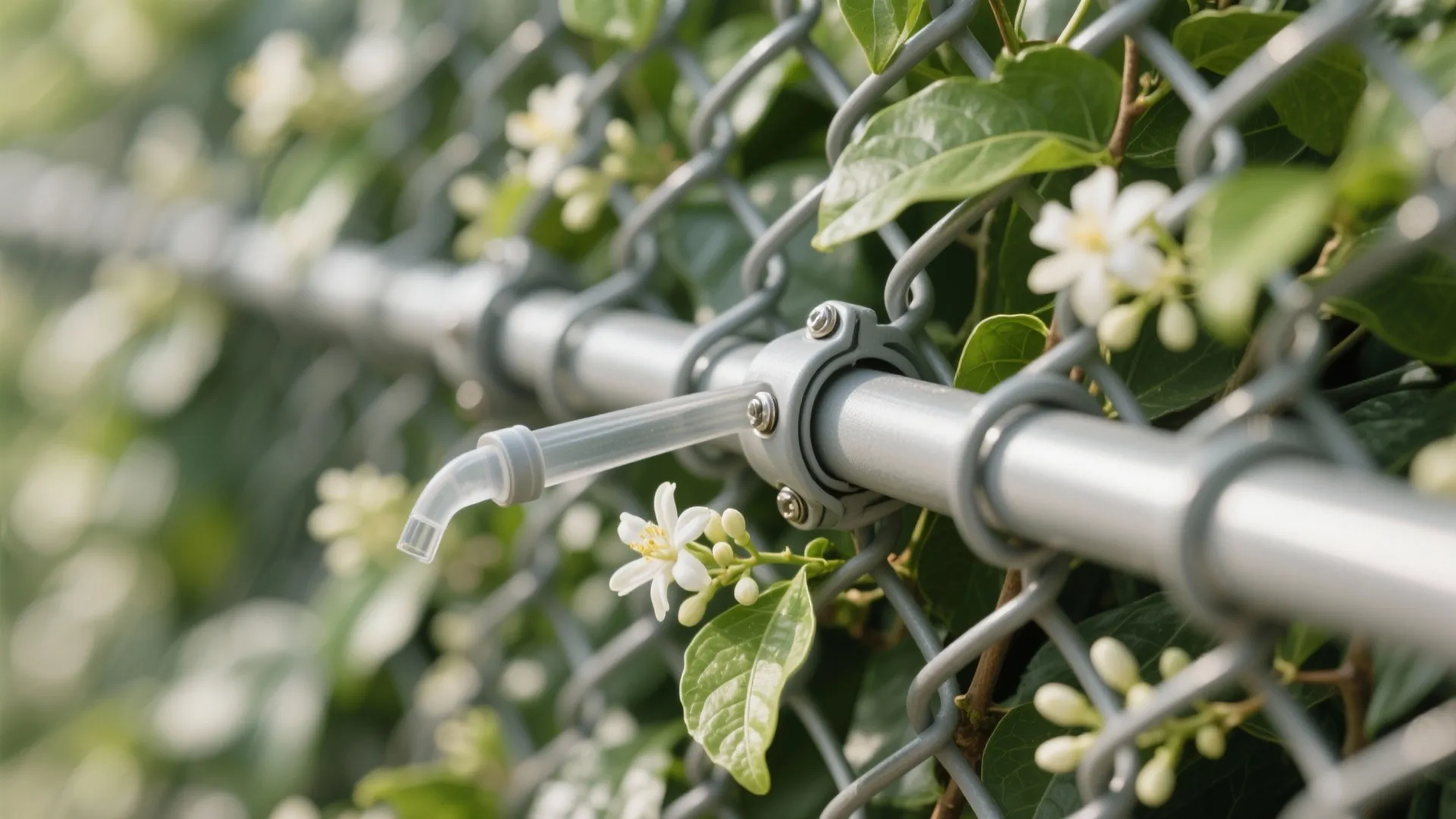 Macro of jasmine on steel mesh with stainless hardware and drip irrigation line.