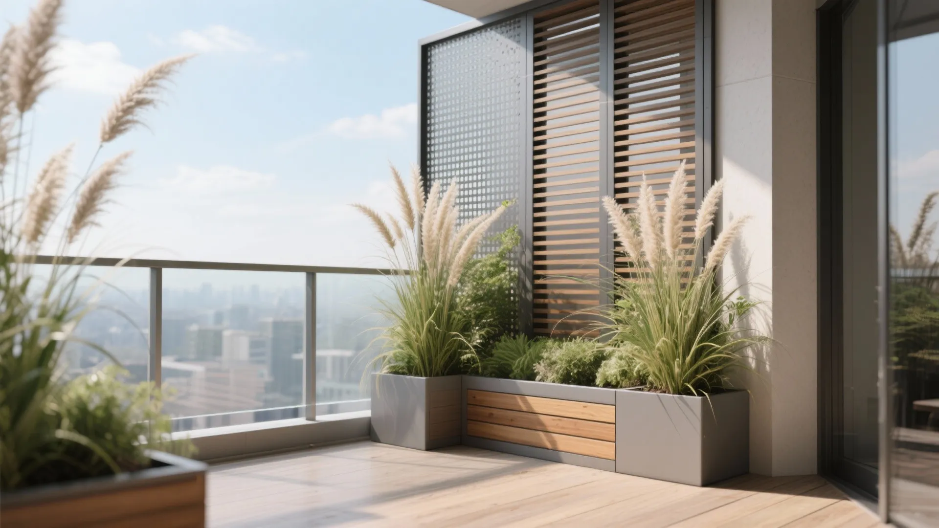 Modern balcony featuring tall plants in grey planters wooden bench glass railing and privacy screen