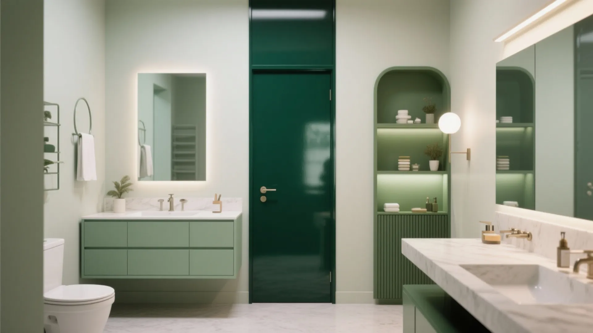 Modern bathroom interior design showing light green walls and dark green door with white toilet