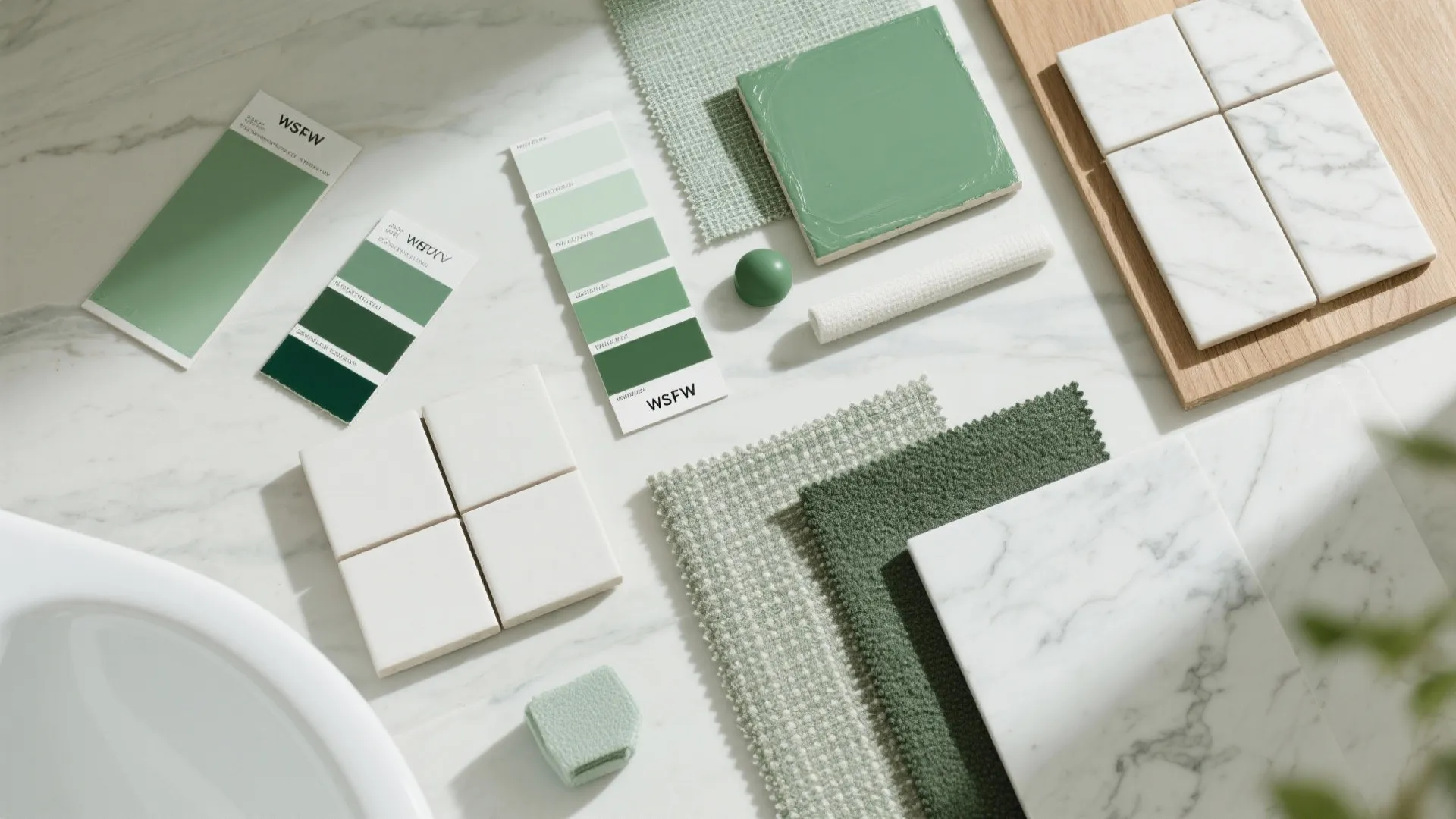 Interior design material board with green paint samples marble tiles white square tiles and fabric