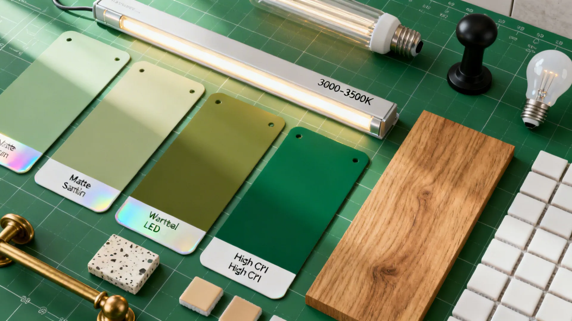 Interior design material board with green color swatches wood sample light bulbs and metal hardware