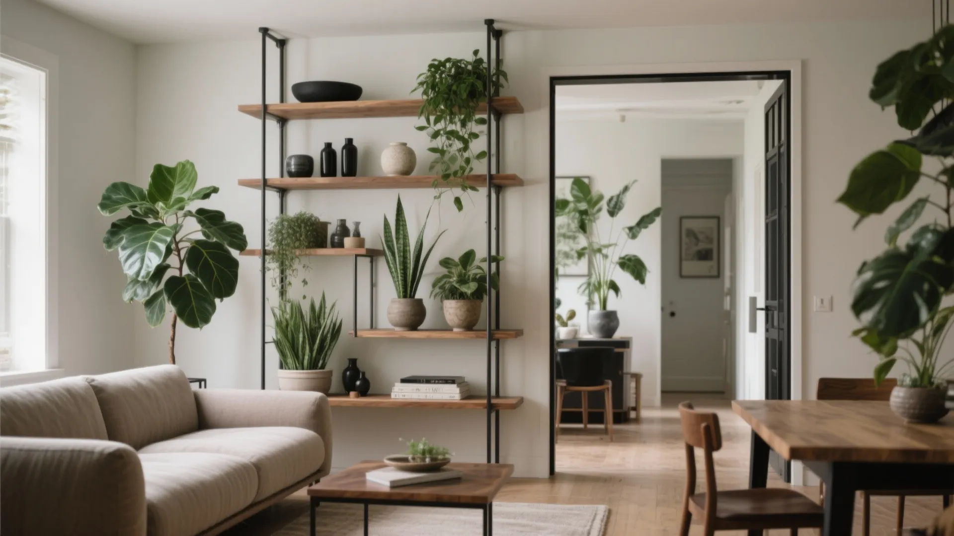 Greenery + Open Shelving as Soft Boundaries