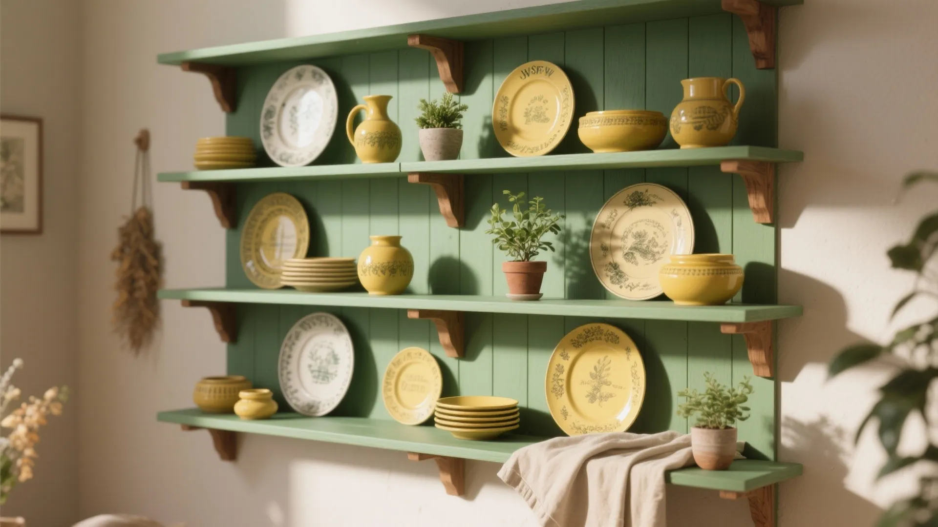 3. Green Open Shelves + Yellow Accessories