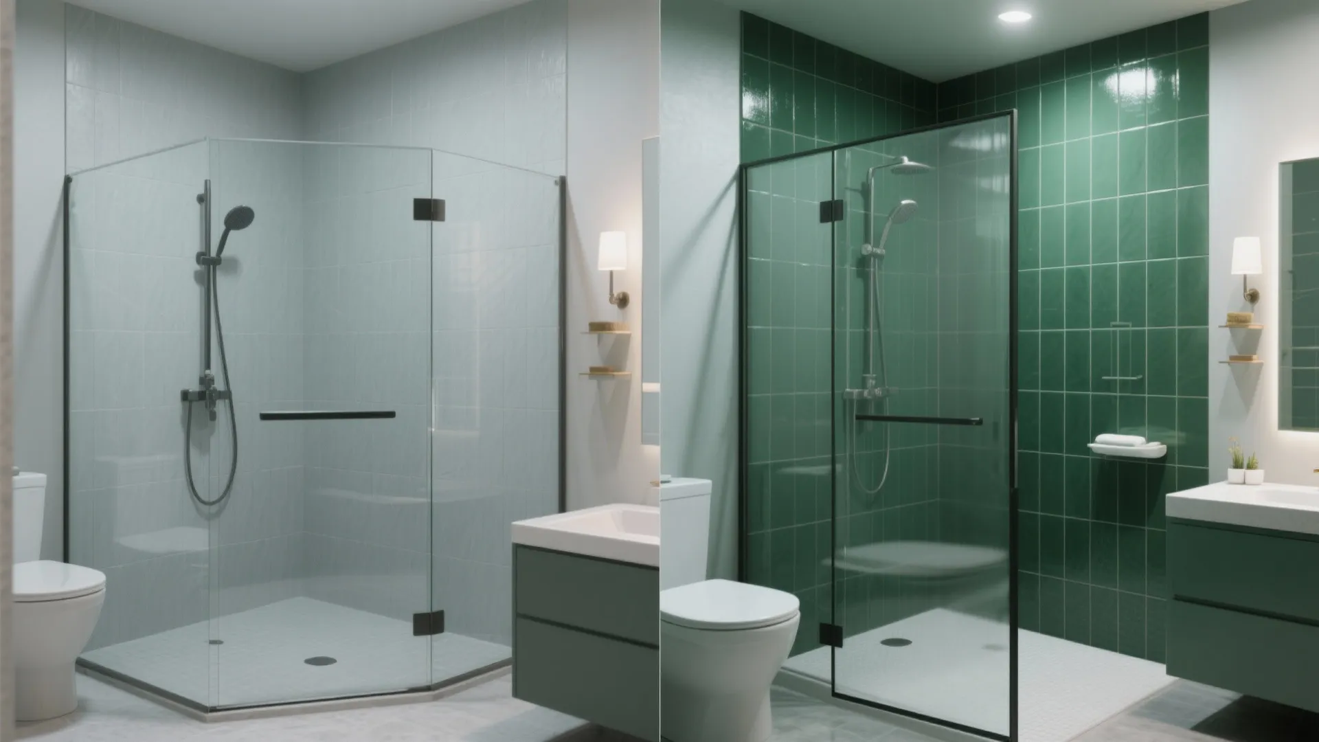 Before and after of a bathroom showing full green-tiled shower balanced by pale grey walls