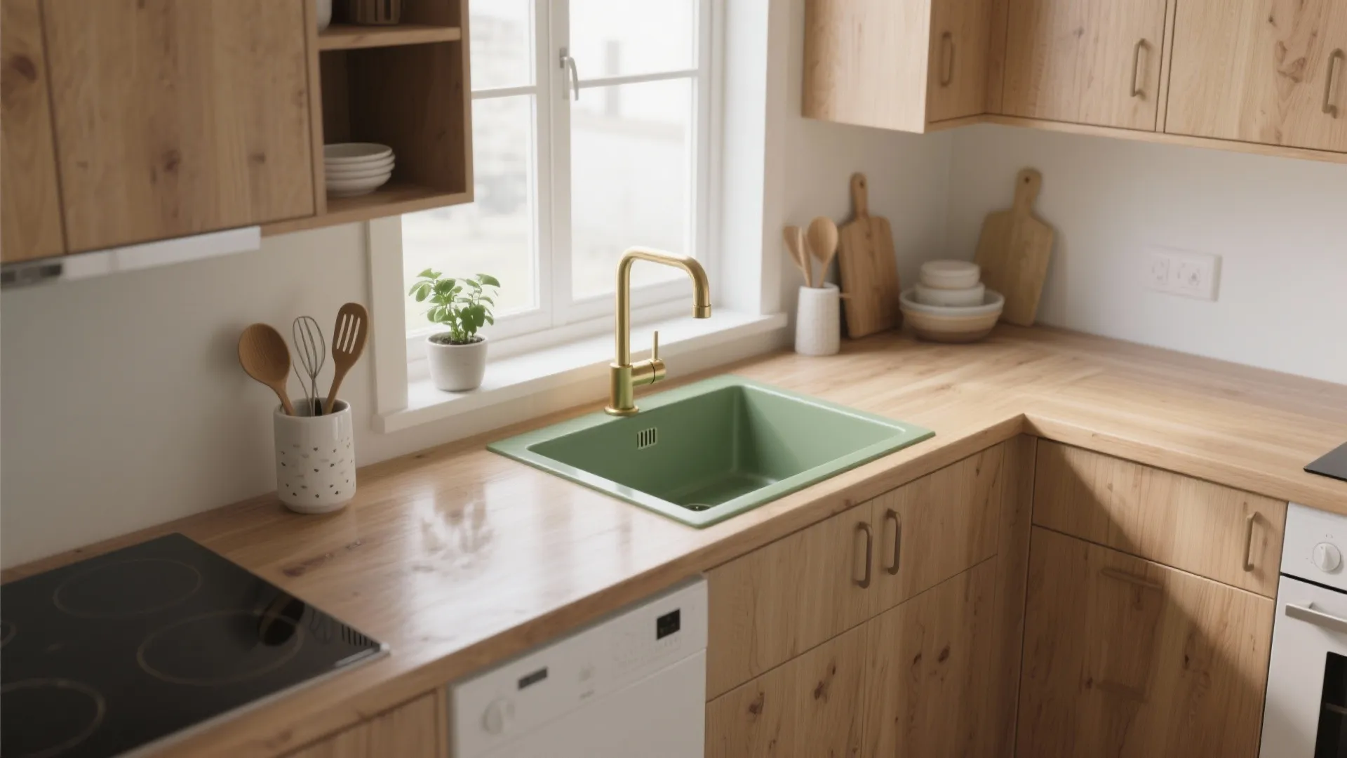 Modern kitchen interior design featuring a green sink on a wooden countertop with gold tap