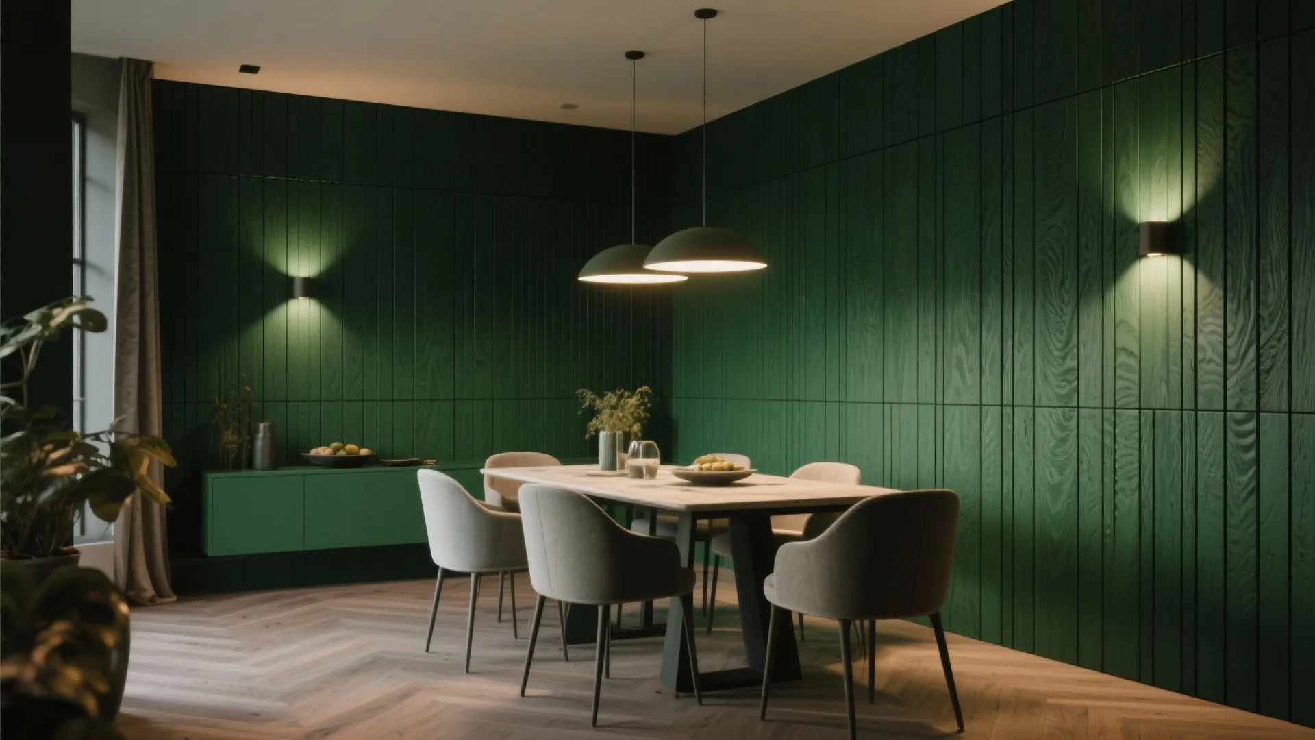 Dining room with deep green vertical wood slat wall
