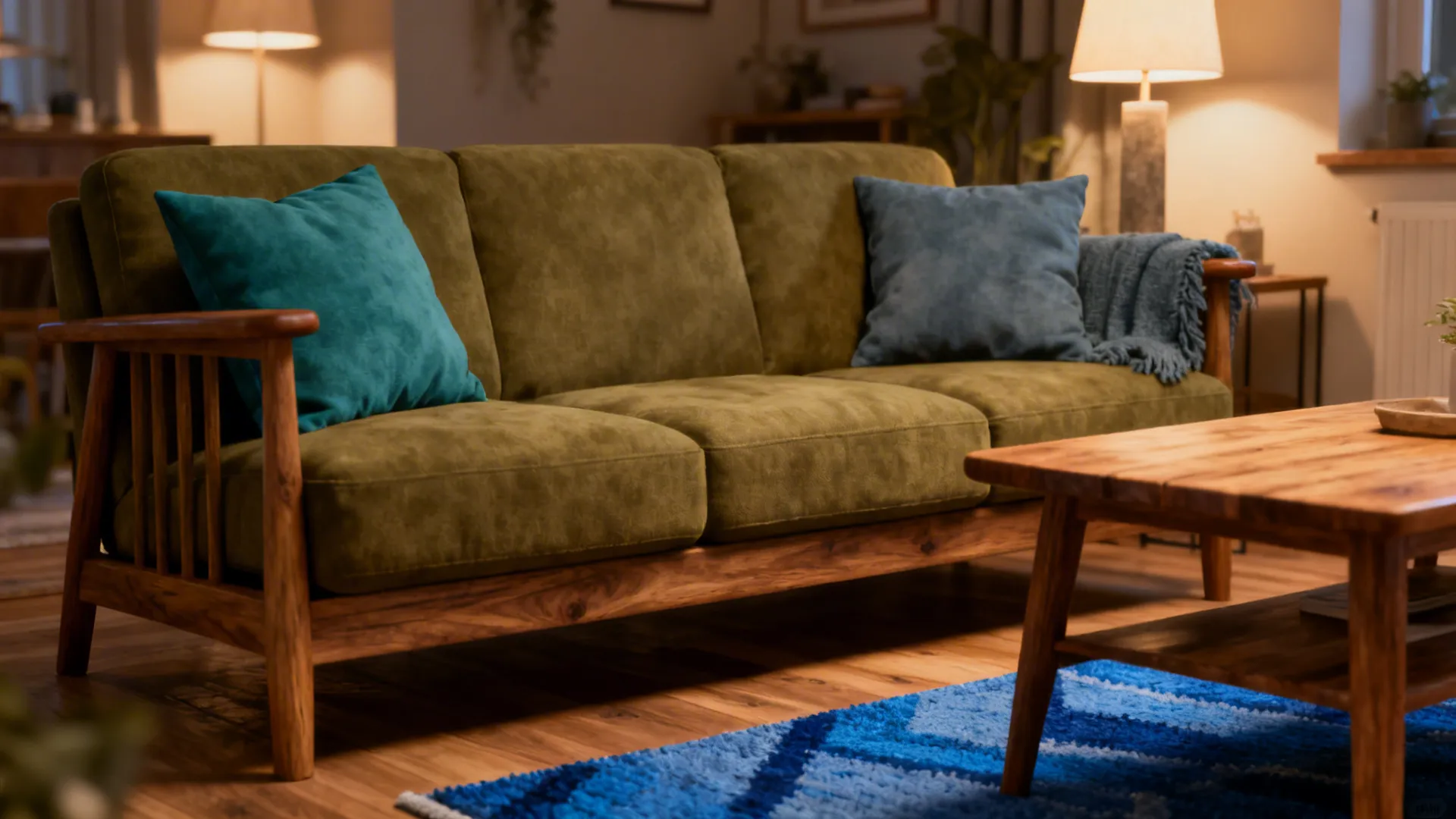 Olive-green sofa with teal and blue cushions and natural wood accents