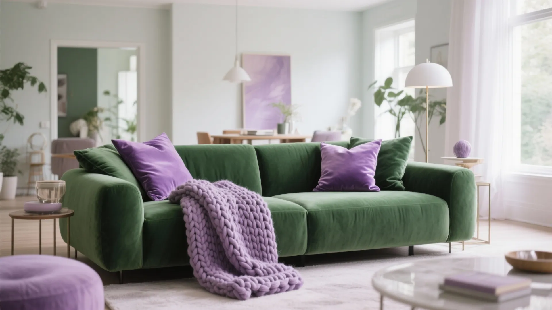 4. Green Sofa with Purple Throw Pillows