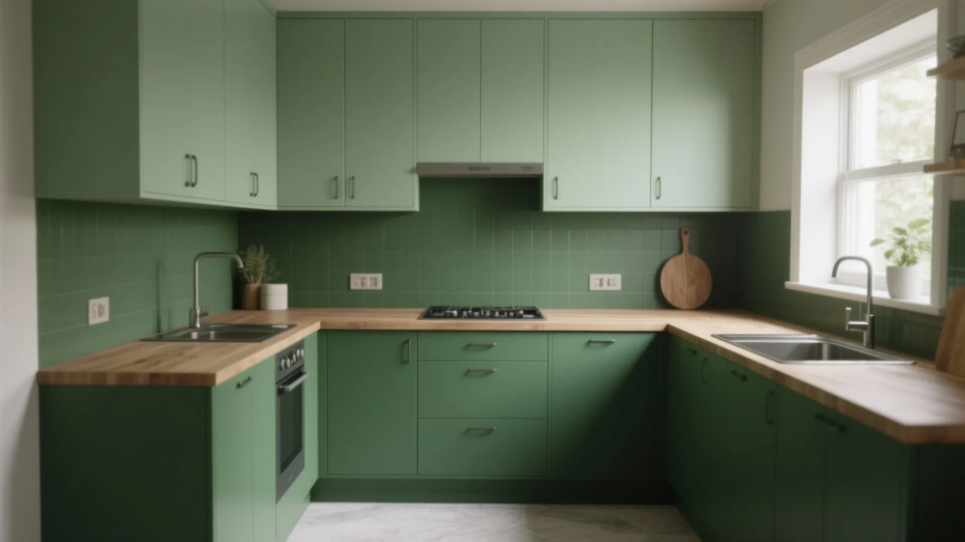 Small kitchen with darker lower green cabinets and lighter walls creating a wider, grounded look.