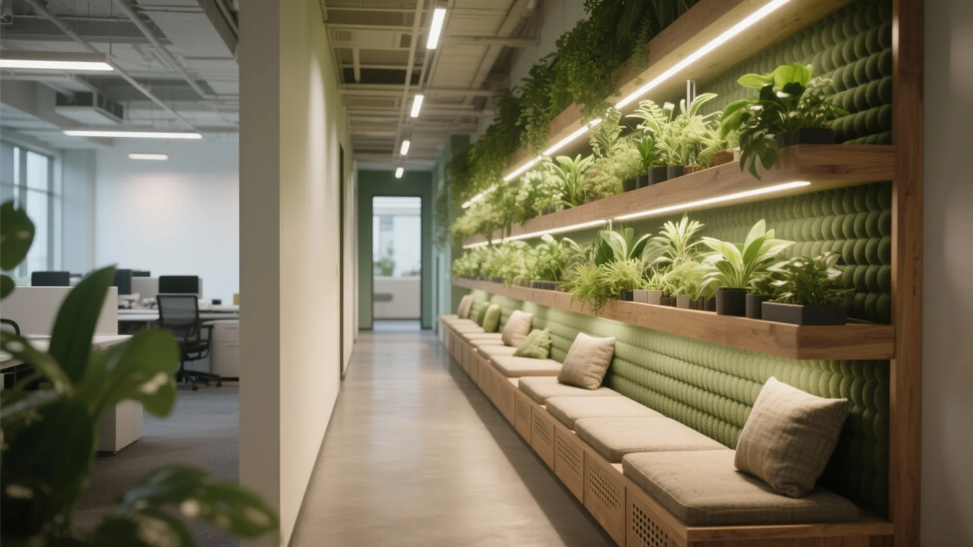 Office corridor with a green plant wall integrated with wooden shelving and soft seating areas