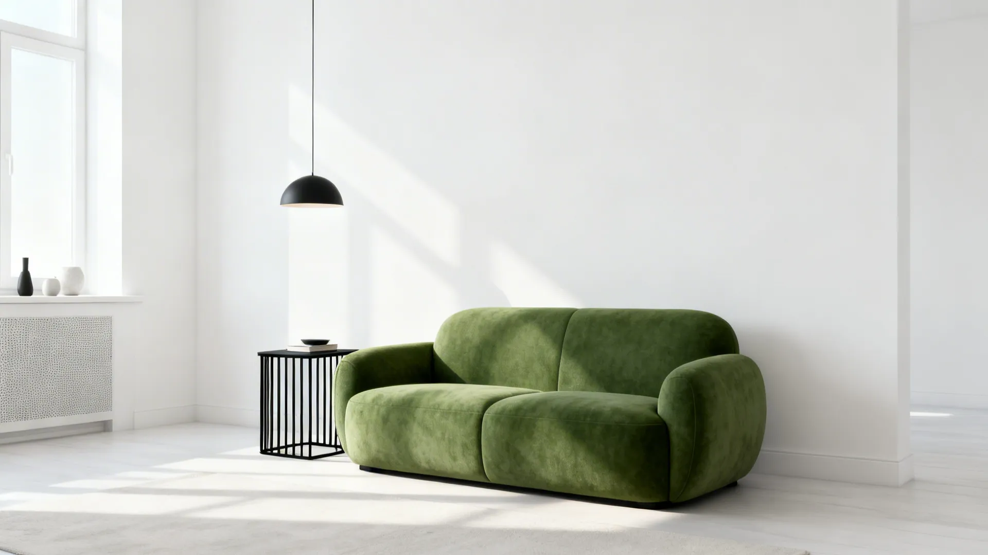 Green statement sofa against clean white walls with black metal accents