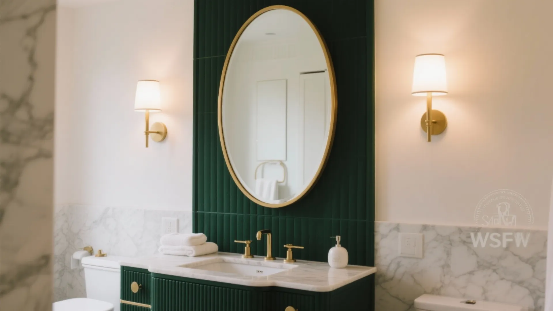 Elegant bathroom with green vanity gold faucet oval mirror two wall lights and white marble