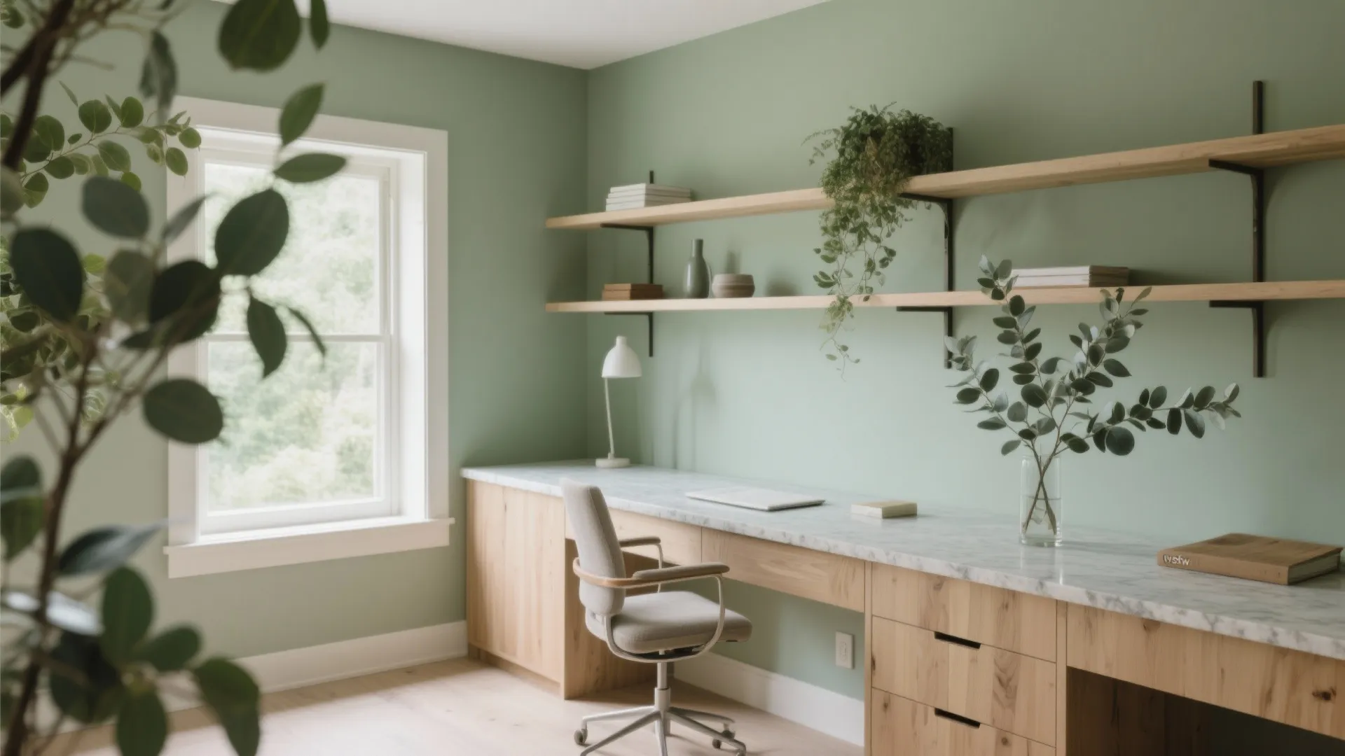 Green home office with marble desk top wooden shelves office chair window and green potted plants