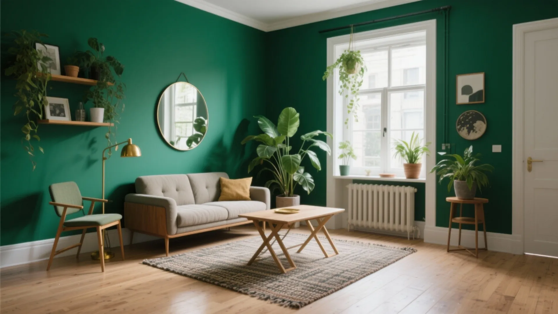 Living room with dark green walls grey sofa wooden coffee table gold light and round mirror