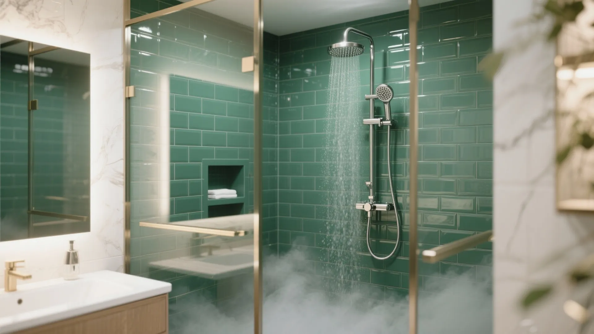 Glass shower with green wall tiles, chrome shower head, white sink, and steam in room