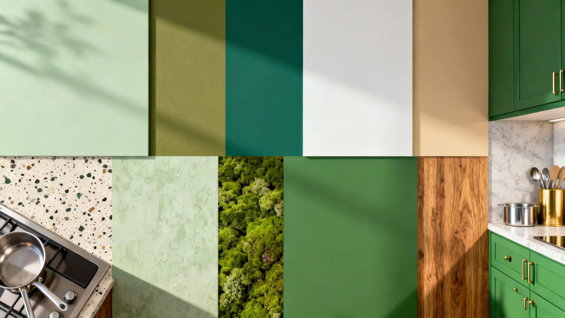 Interior design mood board featuring green color swatches wood textures stone patterns and kitchen scene elements