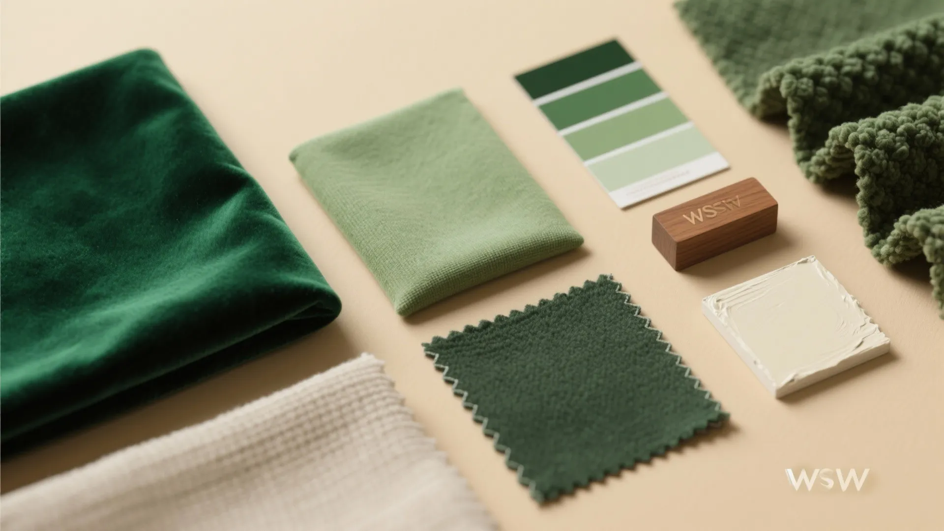 Interior design mood board with green fabric swatches and color palette for home decoration planning