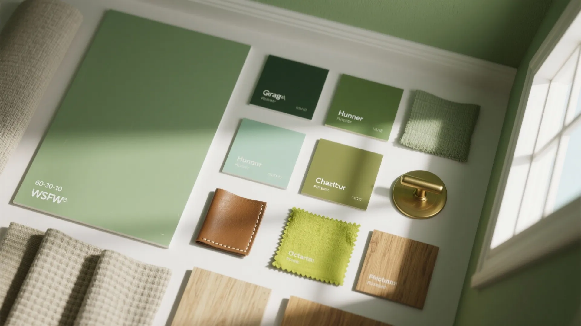 Top-down flatlay of green paint swatches, fabric samples, brass hardware and wood finishes arranged as a 60-30-10 palette