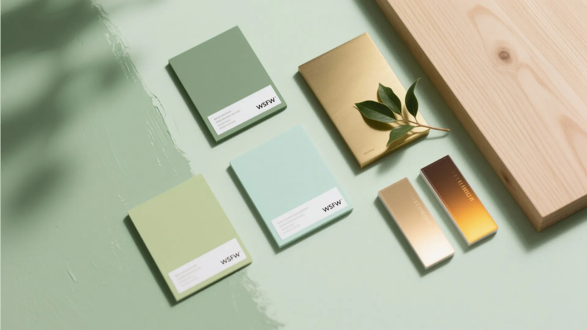 Green color palette swatches and gold metal samples placed on a light green table surface