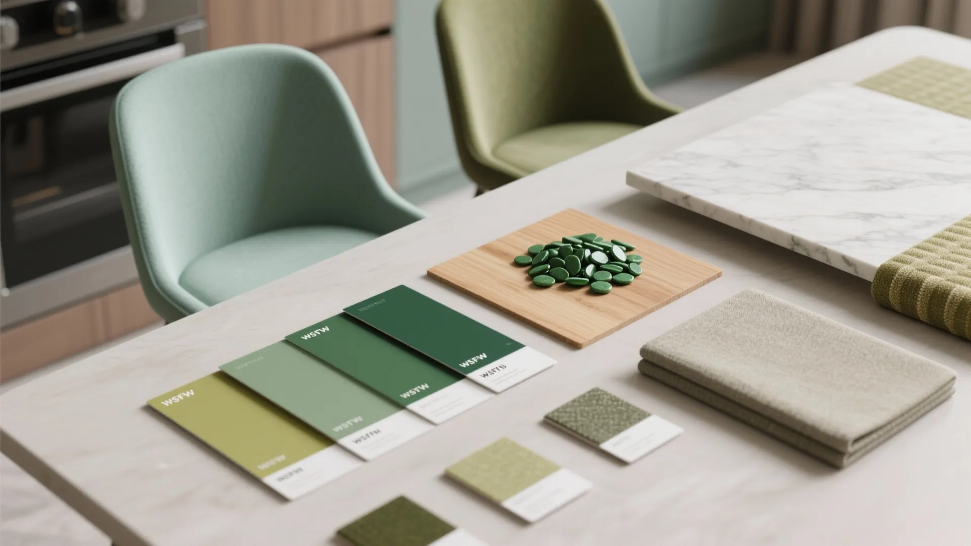 Interior design color palette on white table with green swatches fabric samples and marble piece