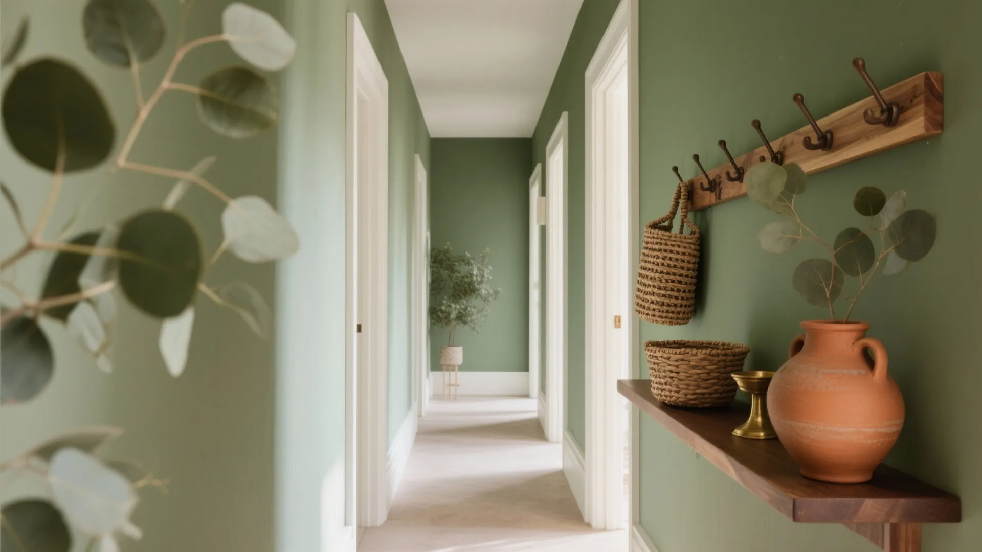 Green hallway interior design with wooden coat hooks woven baskets and a clay pottery vase