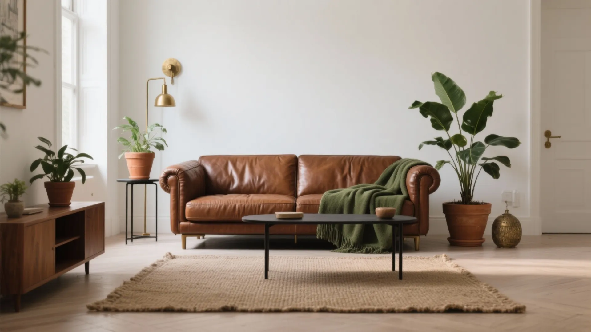 Minimalist living room featuring a brown leather sofa, green blanket, black table, and gold light