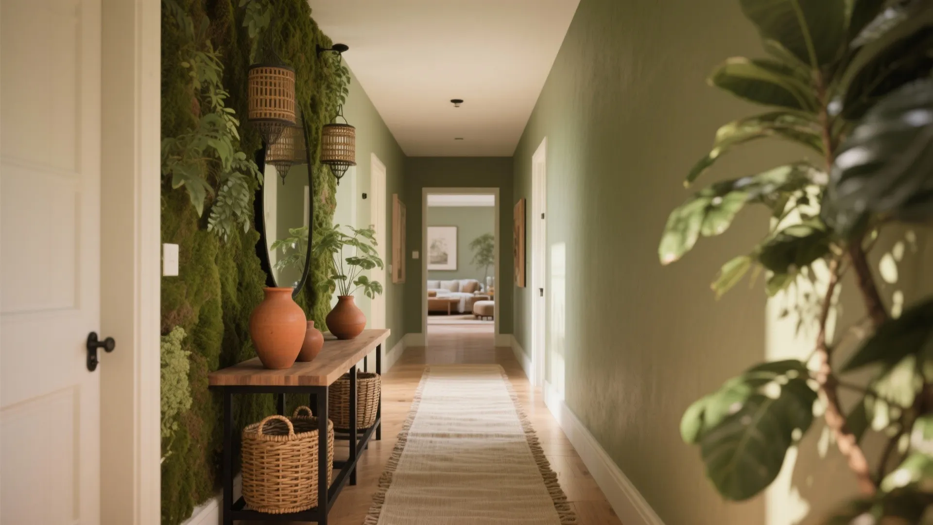 Hallway with mossy olive walls, terracotta accents, cane textures, black iron hardware, and a linen runner in warm light.