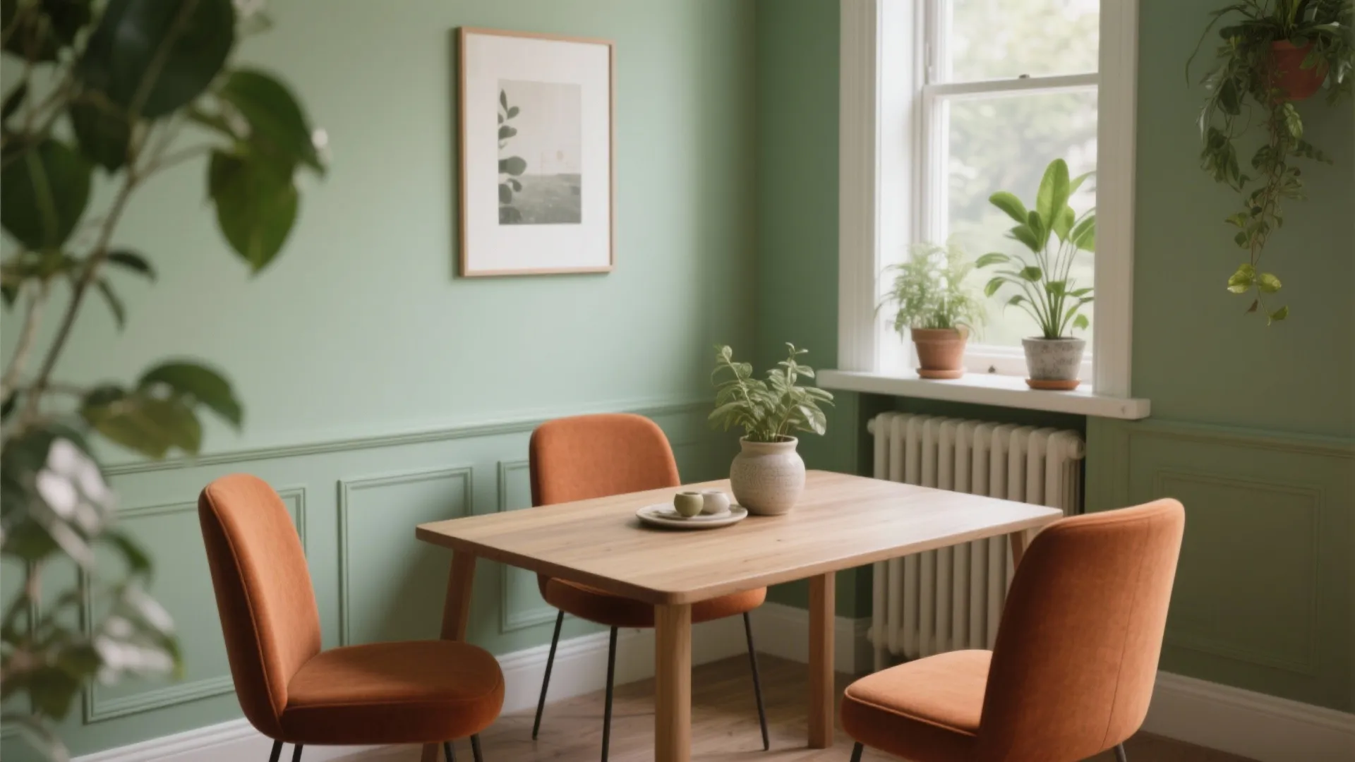 Sage green walls with terracotta chairs, off-white trim, potted plants on the sill, and warm daylight for cozy dining.
