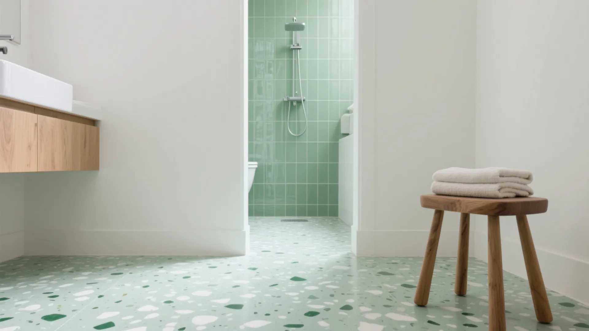 Light green terrazzo (or terrazzo-look porcelain) floors