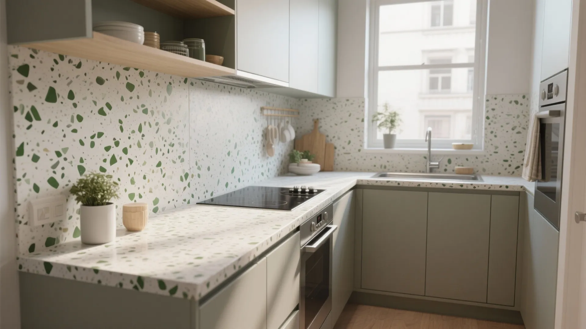 Modern kitchen with green cabinets and a white countertop featuring green stone chips on the wall
